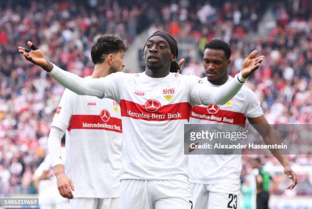 Tanguy Coulibaly of VfB Stuttgart celebrates after scoring their sides second goal from the penalty spot during the Bundesliga match between VfB...