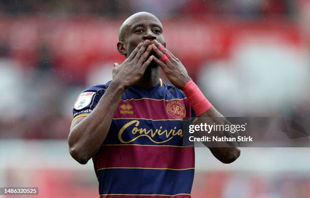 Albert Adomah of Queens Park Rangers celebrates after he scores their first goal during the Sky Bet Championship between Stoke City and Queens Park...