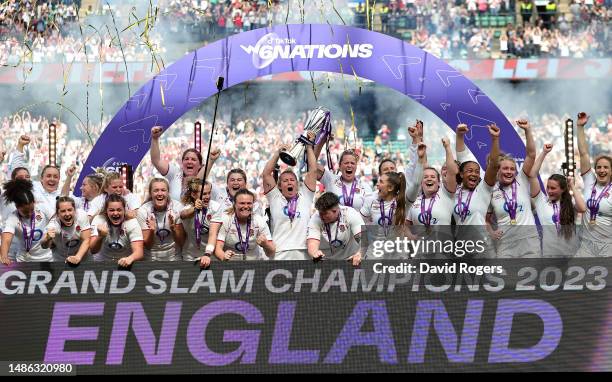 Marlie Packer the England captain, lifts the trophy after their Grand Slam victory during the TikTok Women's Six Nations match between England and...