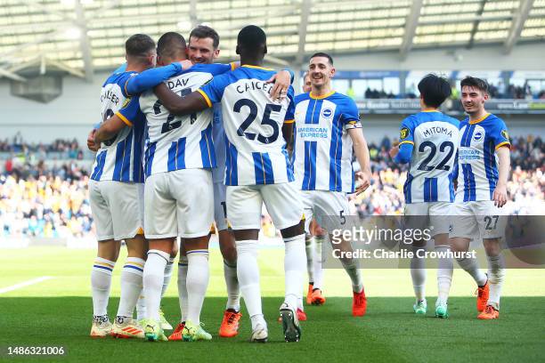 Deniz Undav of Brighton & Hove Albion celebrates with team mates after scoring their sides sixth goal during the Premier League match between...