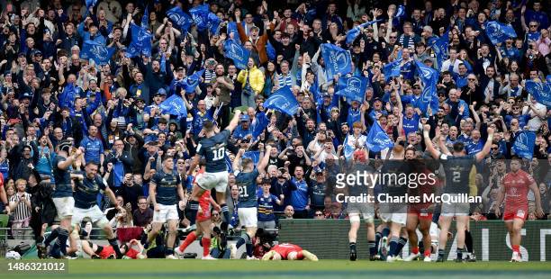 Leinster fans celebrate a try during the Heineken Champions Cup Semi Final between Leinster Rugby and Stade Toulousain at Aviva Stadium on April 29,...
