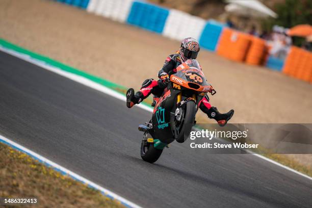 Moto2 rider Aron Canet of Spain and Pons Wegow Los40 rides a wheelie during the qualifying of the MotoGP Gran Premio MotoGP™ Guru by Gryfyn de España...