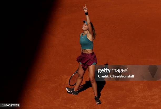 Paula Badosa of Spain celebrates match point against Coco Gauff of the United States during their third round match on day six of the Mutua Madrid...