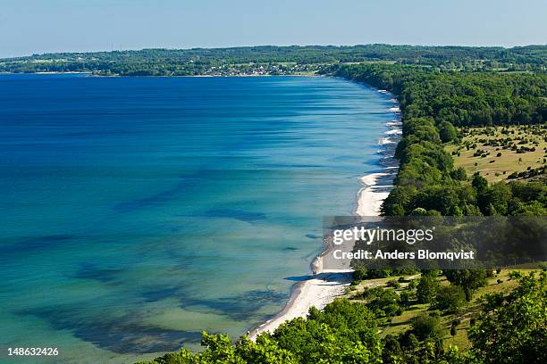 beach and vik village from stenshuvud. - skane stock pictures, royalty-free photos & images