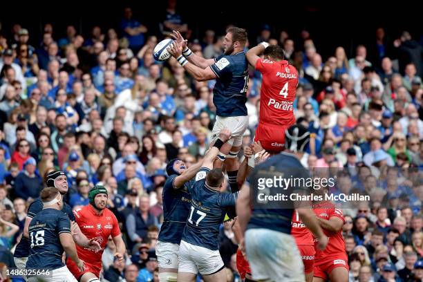 Jason Jenkins of Leinster wins the ball from a line out during the Heineken Champions Cup Semi Final between Leinster Rugby and Stade Toulousain at...