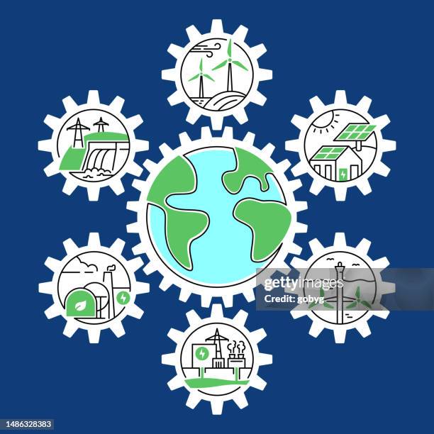 renewable energy powers the planet - planetary gear stock illustrations