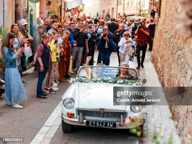 Her Royal Highness Alexandra of Luxembourg & Nicolas Bagory leave their religious wedding on April 29, 2023 in Bormes-les-Mimosas, France.