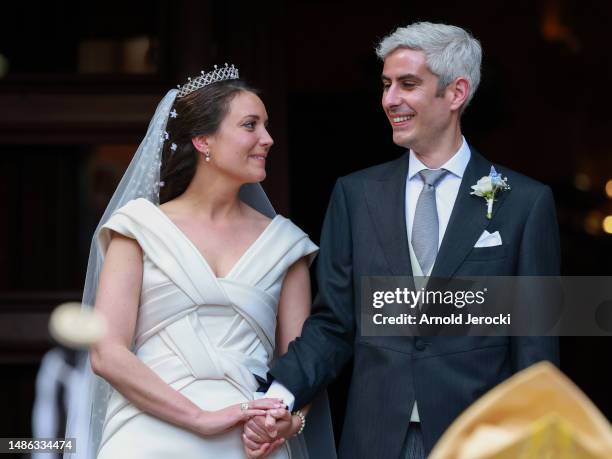 Her Royal Highness Alexandra of Luxembourg & Nicolas Bagory leave the religious Wedding on April 29, 2023 in Bormes-les-Mimosas, France.