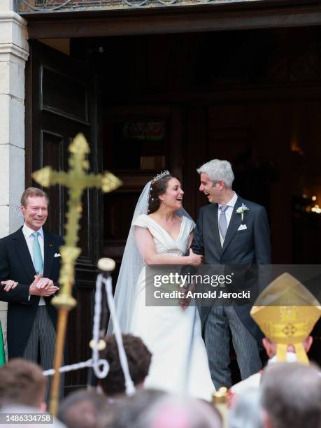 Her Royal Highness Alexandra of Luxembourg & Nicolas Bagory leave their religious wedding on April 29, 2023 in Bormes-les-Mimosas, France.