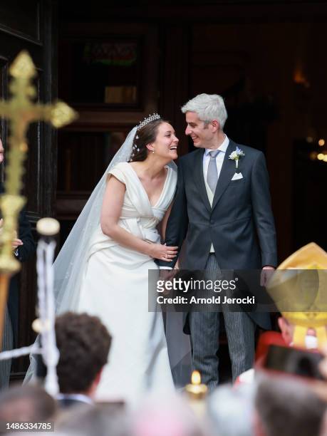 Her Royal Highness Alexandra of Luxembourg & Nicolas Bagory leave their religious wedding on April 29, 2023 in Bormes-les-Mimosas, France.