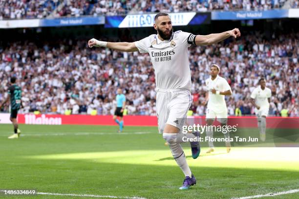 Karim Benzema of Real Madrid celebrates after scoring the team's first goal during the LaLiga Santander match between Real Madrid CF and UD Almeria...