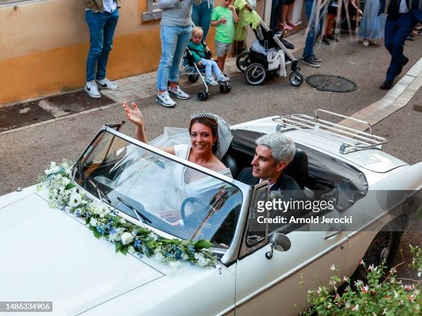Her Royal Highness Alexandra of Luxembourg & Nicolas Bagory leave their religious wedding on April 29, 2023 in Bormes-les-Mimosas, France.