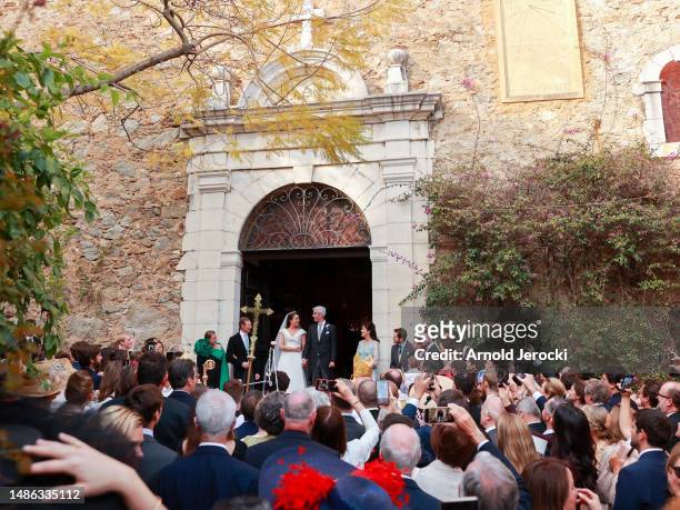 Her Royal Highness Alexandra of Luxembourg & Nicolas Bagory leave the religious Wedding on April 29, 2023 in Bormes-les-Mimosas, France.