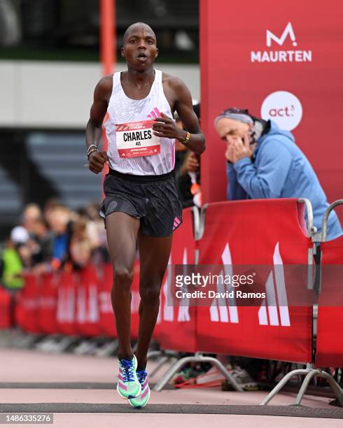Charles Lokir of Kenya crosses the finish line in the Men's 10km race during the Adizero: Road To Records 2023 on April 29, 2023 in Herzogenaurach,...