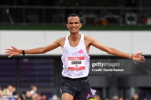 Girmaw Amare of Israel crosses the finish line in the Men's 10km race during the Adizero: Road To Records 2023 on April 29, 2023 in Herzogenaurach,...