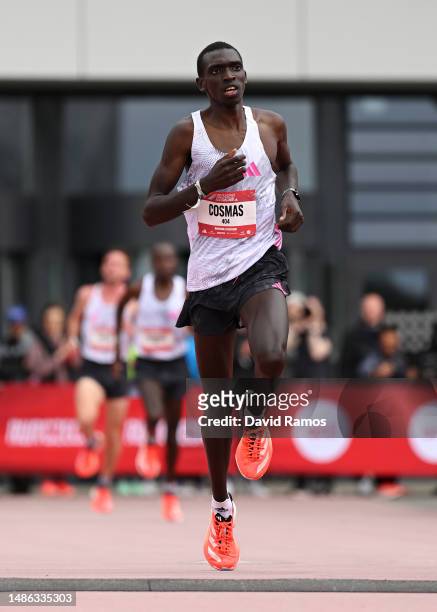 Cosmas Boi Mwangi of Kenya crosses the finish line in the Men's 10km race during the Adizero: Road To Records 2023 on April 29, 2023 in...