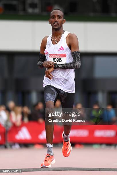 Mogos Tuemay Abrha of Ethiopia crosses the finish line in the Men's 10km race during the Adizero: Road To Records 2023 on April 29, 2023 in...