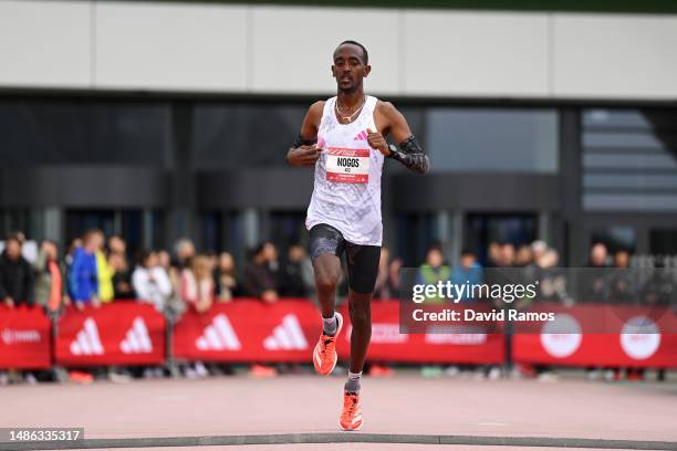 Mogos Tuemay Abrha of Ethiopia crosses the finish line in the Men's 10km race during the Adizero: Road To Records 2023 on April 29, 2023 in...