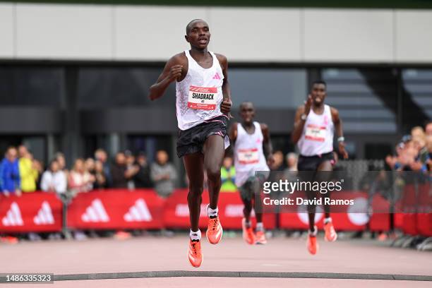 Shadrack Rutoof Kenya crosses the finish line in the Men's 10km race during the Adizero: Road To Records 2023 on April 29, 2023 in Herzogenaurach,...