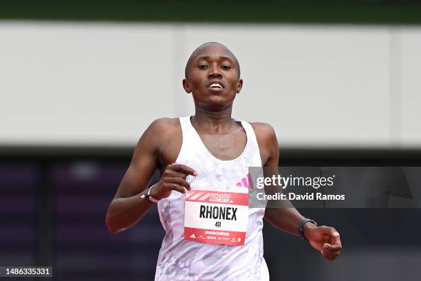 Rhonex Kipruto of Keyna crosses the finish line in the Men's 10km race during the Adizero: Road To Records 2023 on April 29, 2023 in Herzogenaurach,...