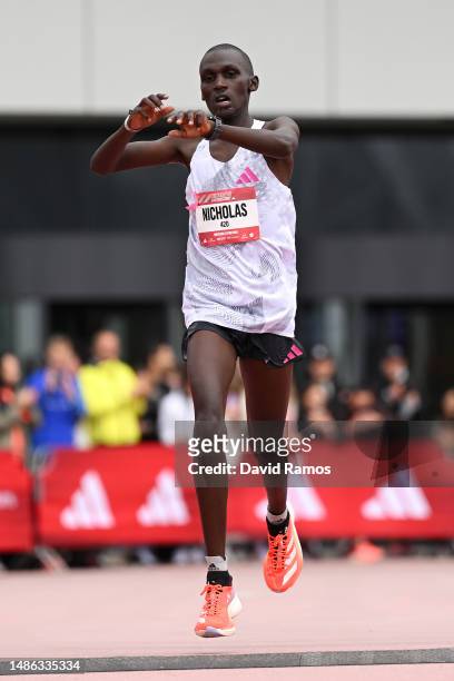 Nicholas Kipkorir of Kenya crosses the finish line in the Men's 10km race during the Adizero: Road To Records 2023 on April 29, 2023 in...