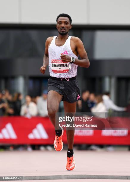 Birhanu Sorsa of Ethiopia crosses the finish line in the Men's 5km race during the Adizero: Road To Records 2023 on April 29, 2023 in Herzogenaurach,...