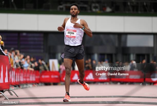 Adehena Kasaye of Ethiopia crosses the finish line in the Men's 5km race during the Adizero: Road To Records 2023 on April 29, 2023 in...