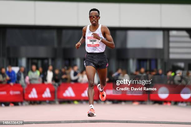 Thierry Ndikumwenayo of Burundi crosses the finish line in the Men's 5km race during the Adizero: Road To Records 2023 on April 29, 2023 in...