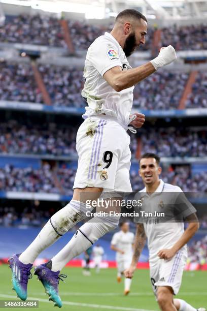 Karim Benzema of Real Madrid celebrates after scoring the team's first goal during the LaLiga Santander match between Real Madrid CF and UD Almeria...