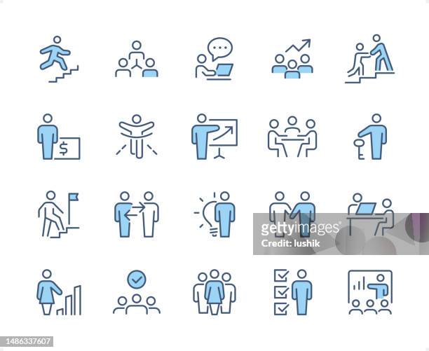 teamwork icon set. editable stroke weight. pixel perfect dichromatic icons. - business meeting stock illustrations