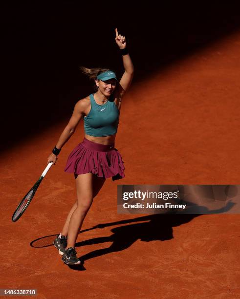 Paula Badosa of Spain celebrates defeating Coco Gauff of USA during their Women's third round match on Day Six of the Mutua Madrid Open at La Caja...