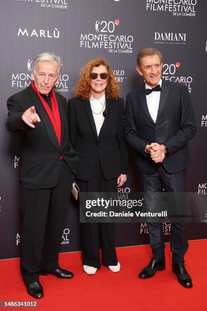 Costa-Gavras, Michèle Ray-Gavras and Ezio Greggio attend the 20th Monte-Carlo Film Festival De La Comedie at Grimaldi Forum on April 29, 2023 in...