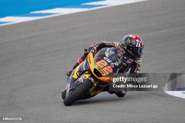 Sam Lowes of Great Britain and Elf Marc VDS Racing Team rounds the bend during the MotoGP Of Spain - Qualifying on April 29, 2023 in Jerez de la...