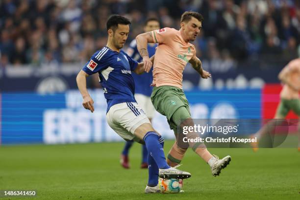 Maximilian Philipp of Bremen challenges Maya Yoshida of Schalke during the Bundesliga match between FC Schalke 04 and SV Werder Bremen at...