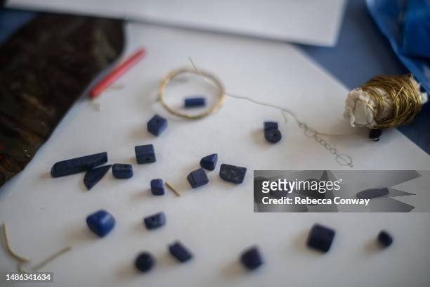 Lapis lazuli beads during a class run by jeweler and teacher Javid Noori, who trained students in the craft of jewelry making in Afghanistan, at a...