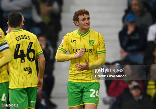 Josh Sargent of Norwich City celebrates after scoring the team's first goal during the Sky Bet Championship between West Bromwich Albion and Norwich...