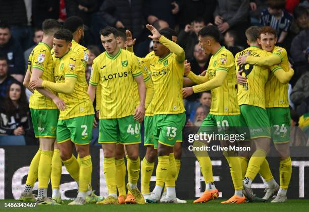 Josh Sargent of Norwich City celebrates with teammates after scoring the team's first goal during the Sky Bet Championship between West Bromwich...