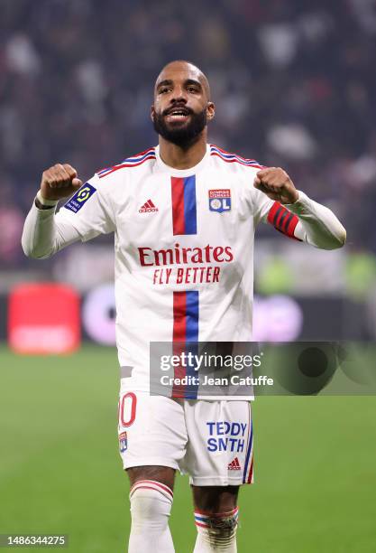 Alexandre Lacazette of Lyon celebrates his goal during the Ligue 1 Uber Eats match between Olympique Lyonnais and Olympique de Marseille at Groupama...