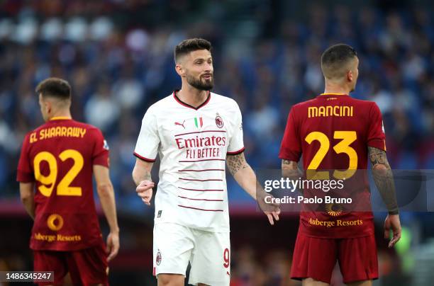 Olivier Giroud of AC Milan reacts during the Serie A match between AS Roma and AC MIlan at Stadio Olimpico on April 29, 2023 in Rome, Italy.