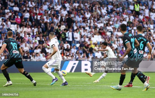 Rodrygo of Real Madrid scores the team's fourth goal during the LaLiga Santander match between Real Madrid CF and UD Almeria at Estadio Santiago...