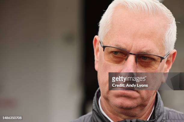 Todd Pletcher the trainer of Forte, Kingsbarns and Tapit Trice talks to the media outside his barn during the morning training for the Kentucky Derby...