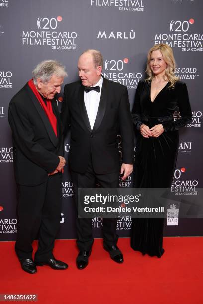 Costa-Gavras, Prince Albert II of Monaco and Mira Sorvino attend the 20th Monte-Carlo Film Festival De La Comedie at Grimaldi Forum on April 29, 2023...