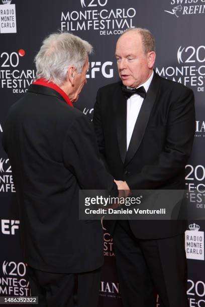 Costa-Gavras and Prince Albert II of Monaco attend the 20th Monte-Carlo Film Festival De La Comedie at Grimaldi Forum on April 29, 2023 in Monaco,...