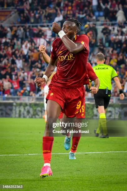 Tammy Abraham of AS Roma celebrates after scored the first goal for his team during the Serie A match between AS Roma and AC MIlan at Stadio Olimpico...