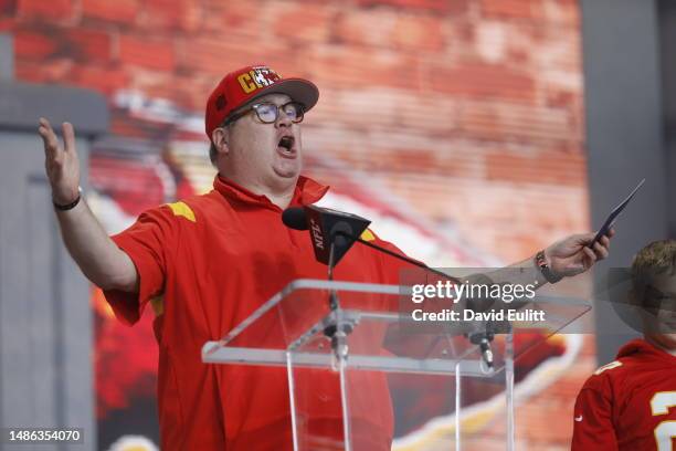 Actor Eric Stonestreet announces the fourth round draft pick selection of the Kansas City Chiefs during the 2023 NFL Draft at Union Station on April...