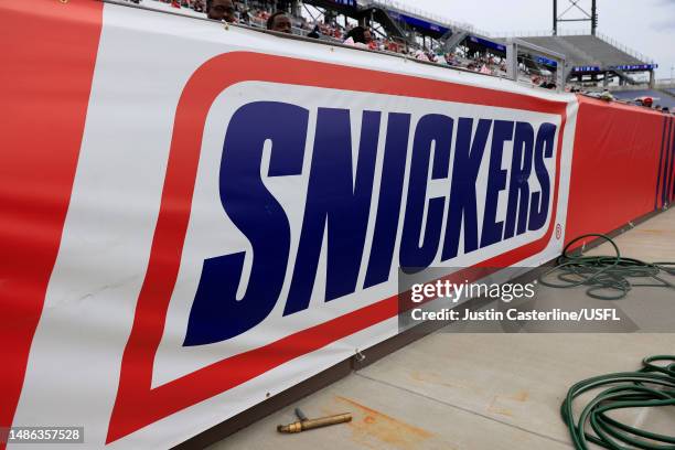 View of the Snickers logo on a wall during the first half between the New Orleans Breakers and \bir at Protective Stadium on April 29, 2023 in...