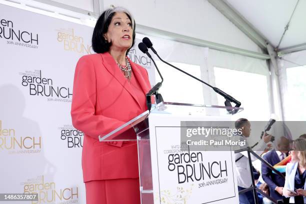 Host Tammy Haddad speaks onstage during the 30th Anniversary White House Correspondents' Garden Brunch on April 29, 2023 in Washington, DC.