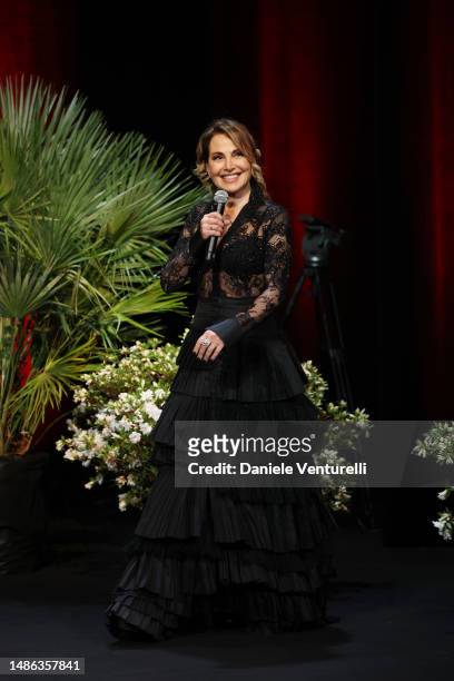 Barbara D'Urso arrives on stage during the 20th Monte-Carlo Film Festival De La Comedie at Grimaldi Forum on April 29, 2023 in Monaco, Monaco.