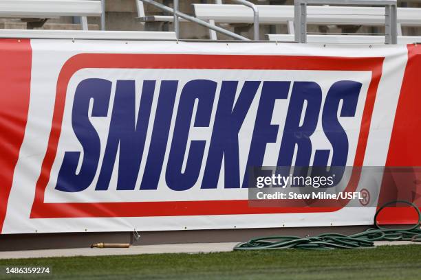 View of the Snickers logo on a wall during the third quarter between the New Orleans Breakers and Birmingham Stallions at Protective Stadium on April...