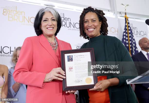 Host Tammy Haddad and Muriel Bowser, Mayor of the District of Columbia, attend the 30th Anniversary White House Correspondents' Garden Brunch on...